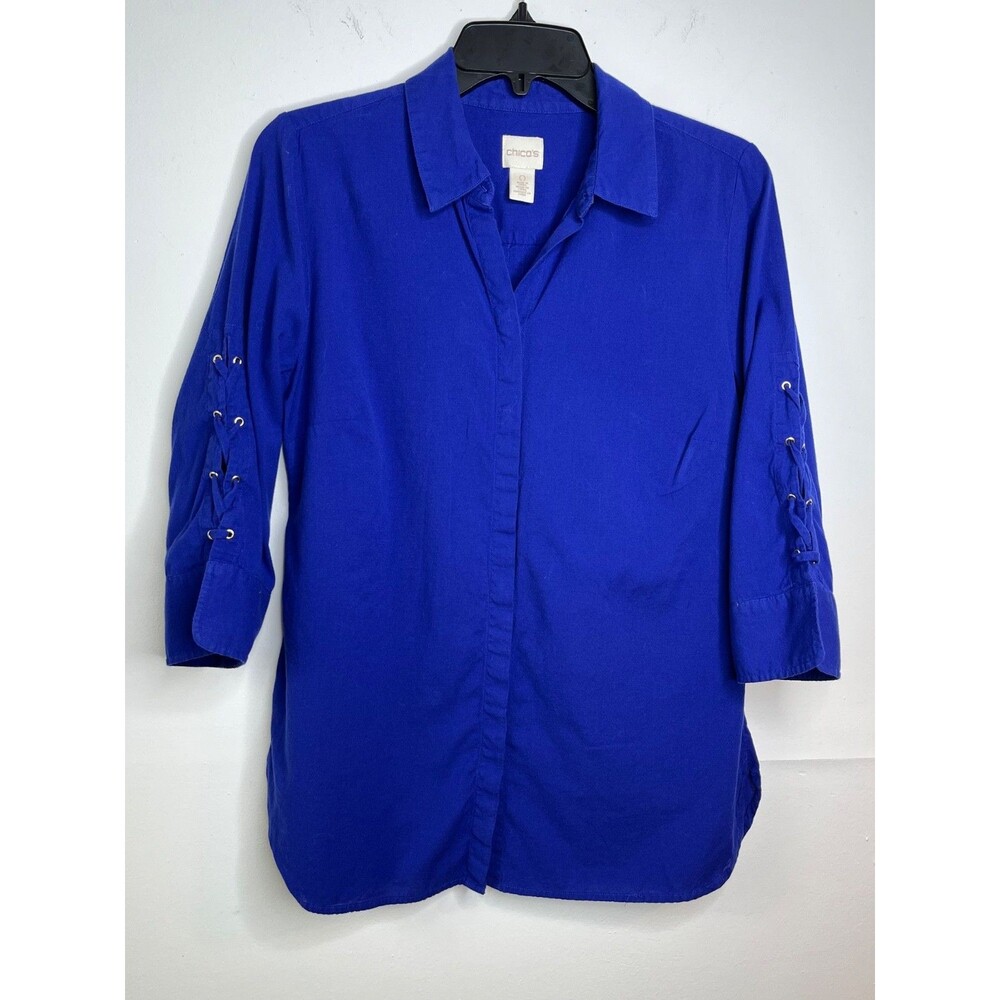 CHICOS Button Up Shirt Lace Up Sleeve Top Cobalt Blue Blouse Size 0 Small